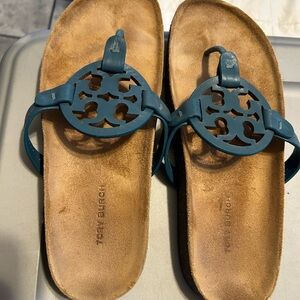 Tory Burch Teal Cutout Slide Sandals
